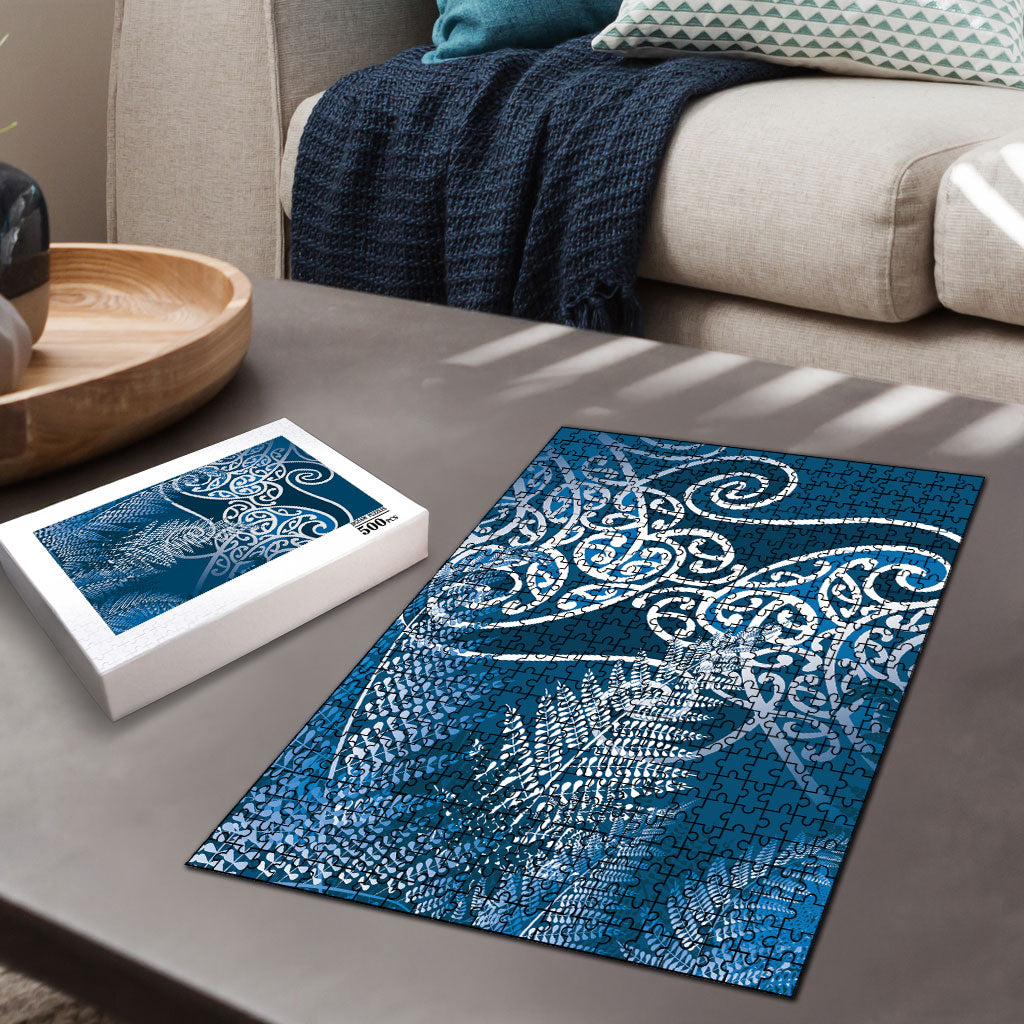 Aotearoa Maori Koru Curves Puzzle Silver Ferns - Navy Blue