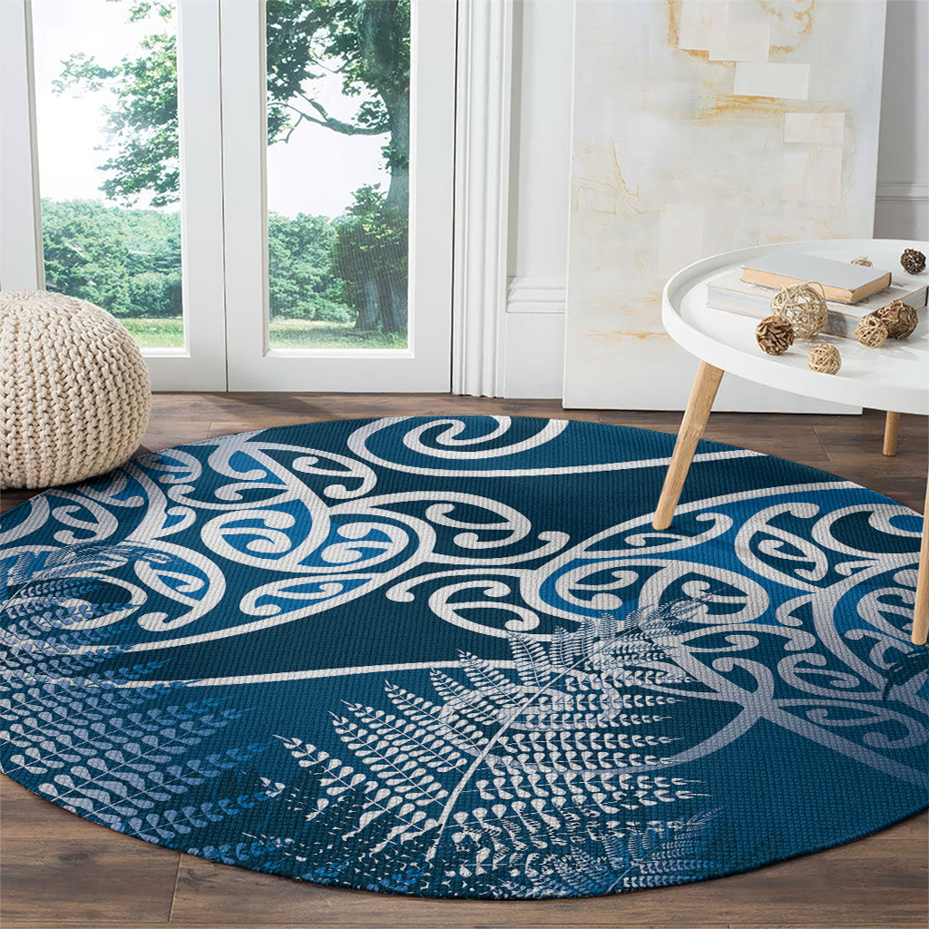 Aotearoa Maori Koru Curves Round Carpet Silver Ferns - Navy Blue