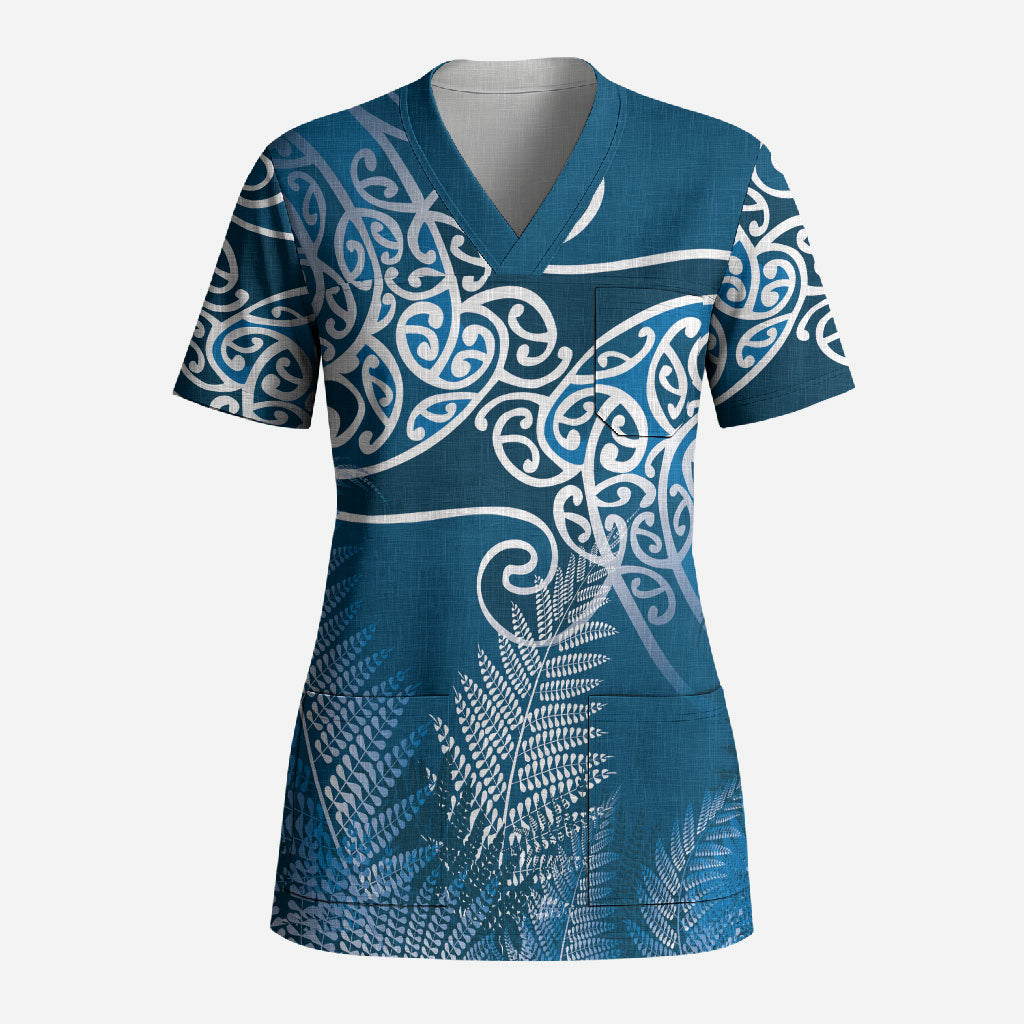 Aotearoa Maori Koru Curves Scrub Top Silver Ferns - Navy Blue