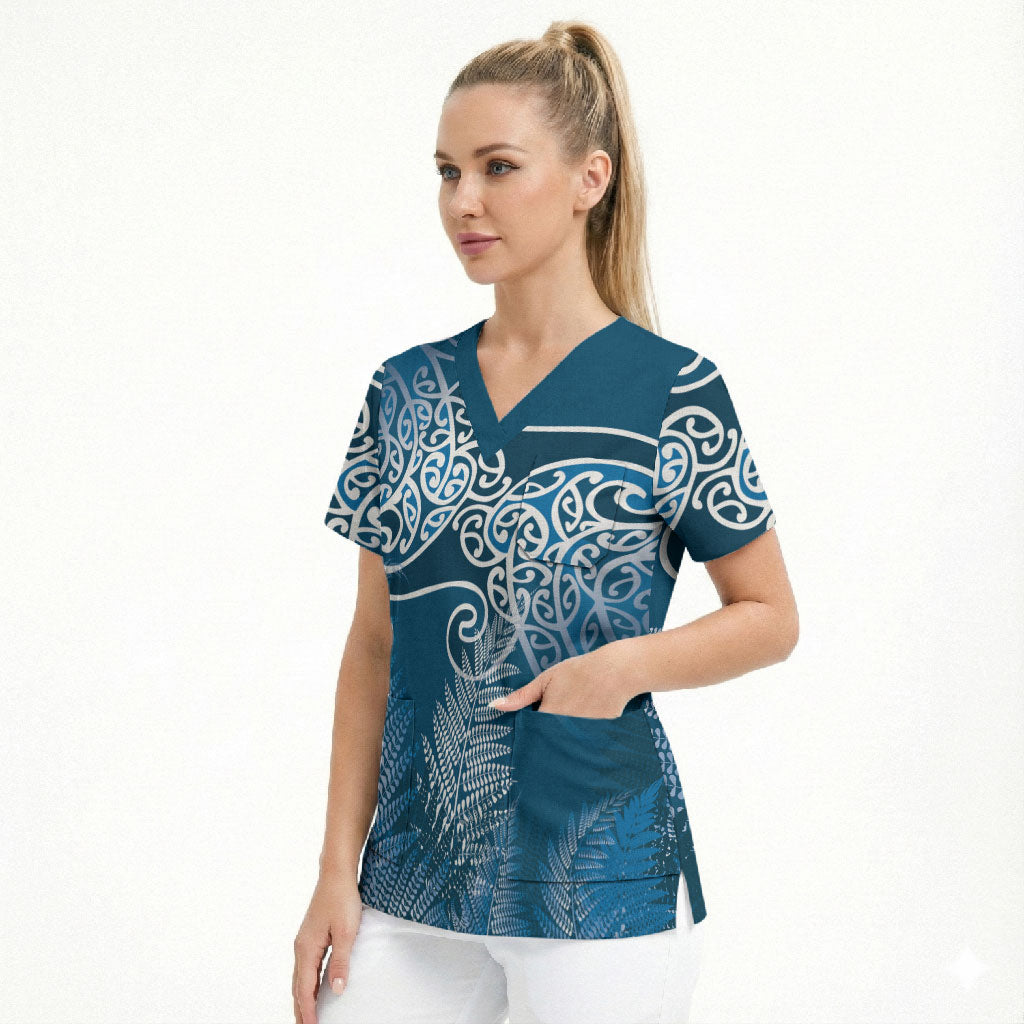 Aotearoa Maori Koru Curves Scrub Top Silver Ferns - Navy Blue