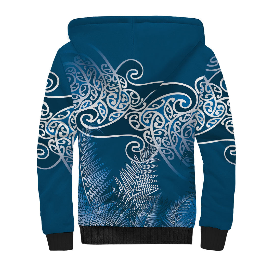 Aotearoa Maori Koru Curves Sherpa Hoodie Silver Ferns - Navy Blue