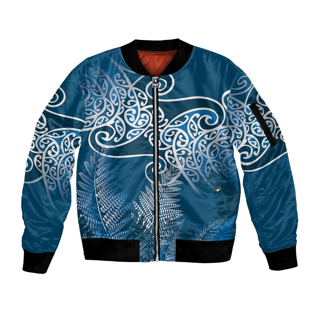 Aotearoa Maori Koru Curves Sleeve Zip Bomber Jacket Silver Ferns - Navy Blue