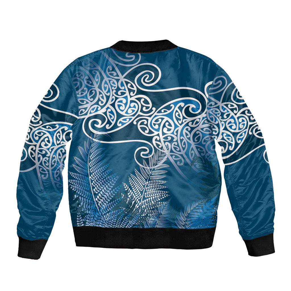 Aotearoa Maori Koru Curves Sleeve Zip Bomber Jacket Silver Ferns - Navy Blue