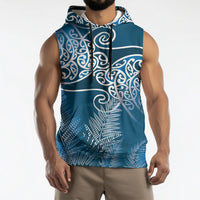 Aotearoa Maori Koru Curves Sleeveless Hoodie Silver Ferns - Navy Blue