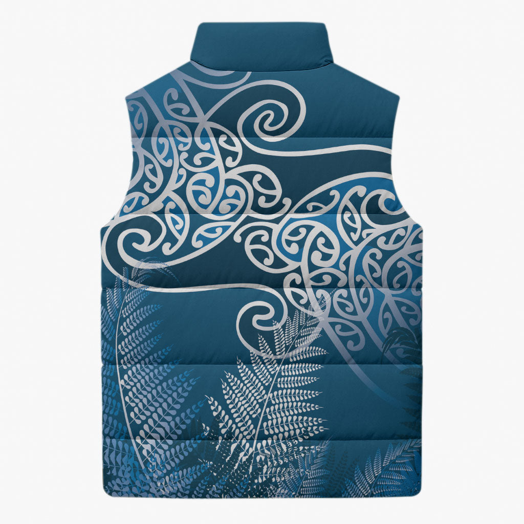 Aotearoa Maori Koru Curves Sleeveless Puffer Jacket Silver Ferns - Navy Blue