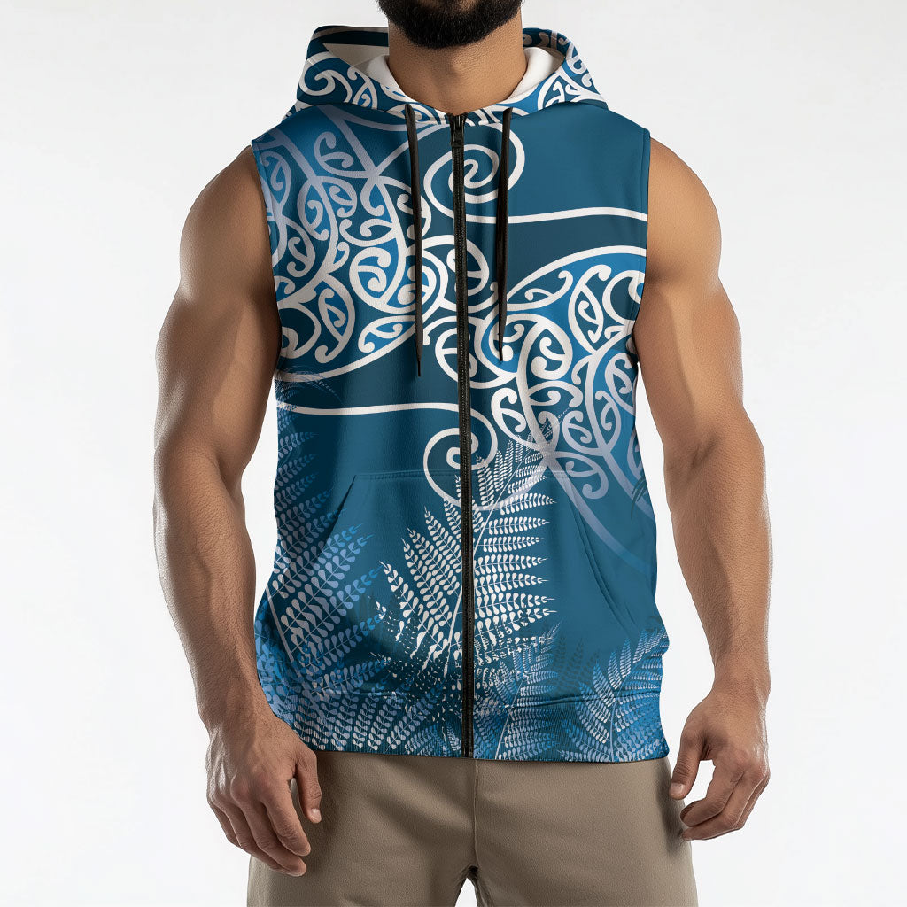 Aotearoa Maori Koru Curves Sleeveless Zip Hoodie Silver Ferns - Navy Blue