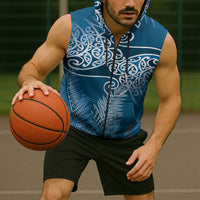 Aotearoa Maori Koru Curves Sleeveless Zip Hoodie Silver Ferns - Navy Blue