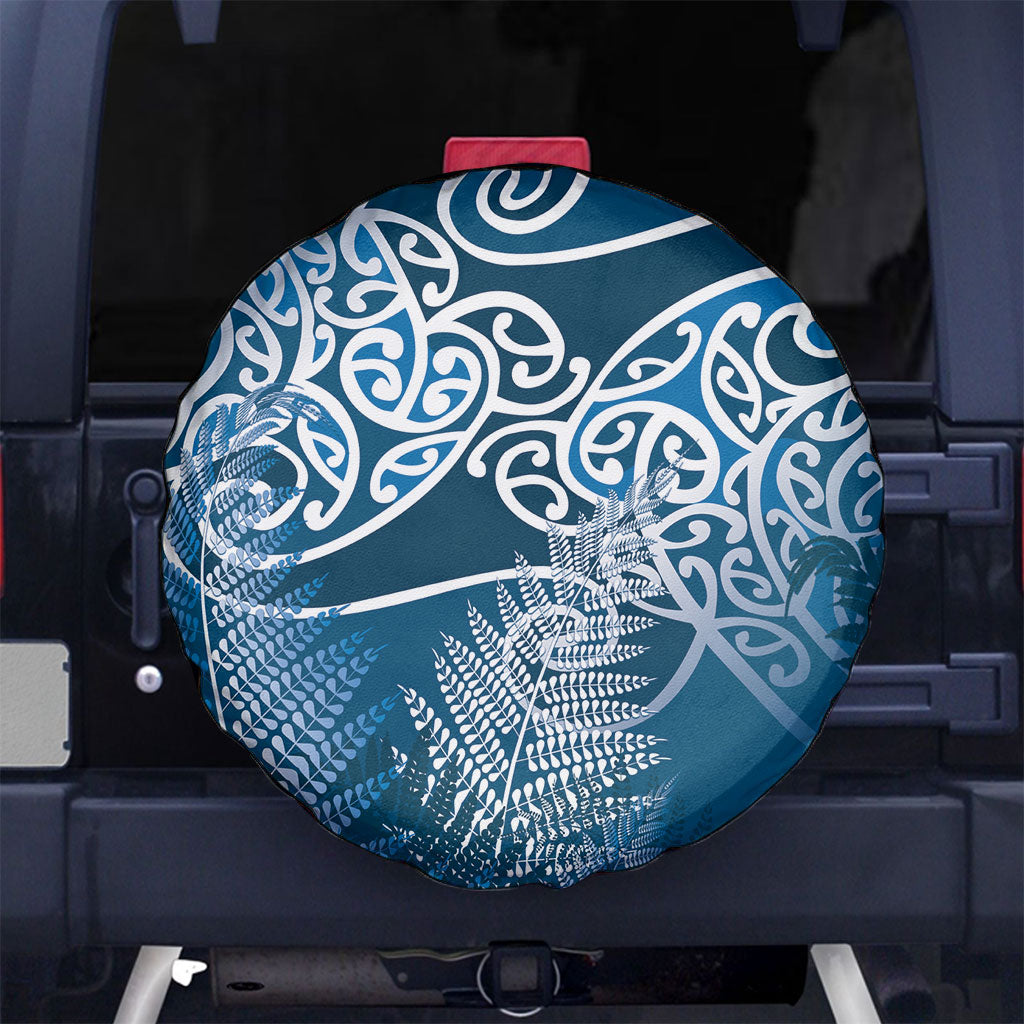 Aotearoa Maori Koru Curves Spare Tire Cover Silver Ferns - Navy Blue LT7 No hole Navy Blue - Polynesian Pride