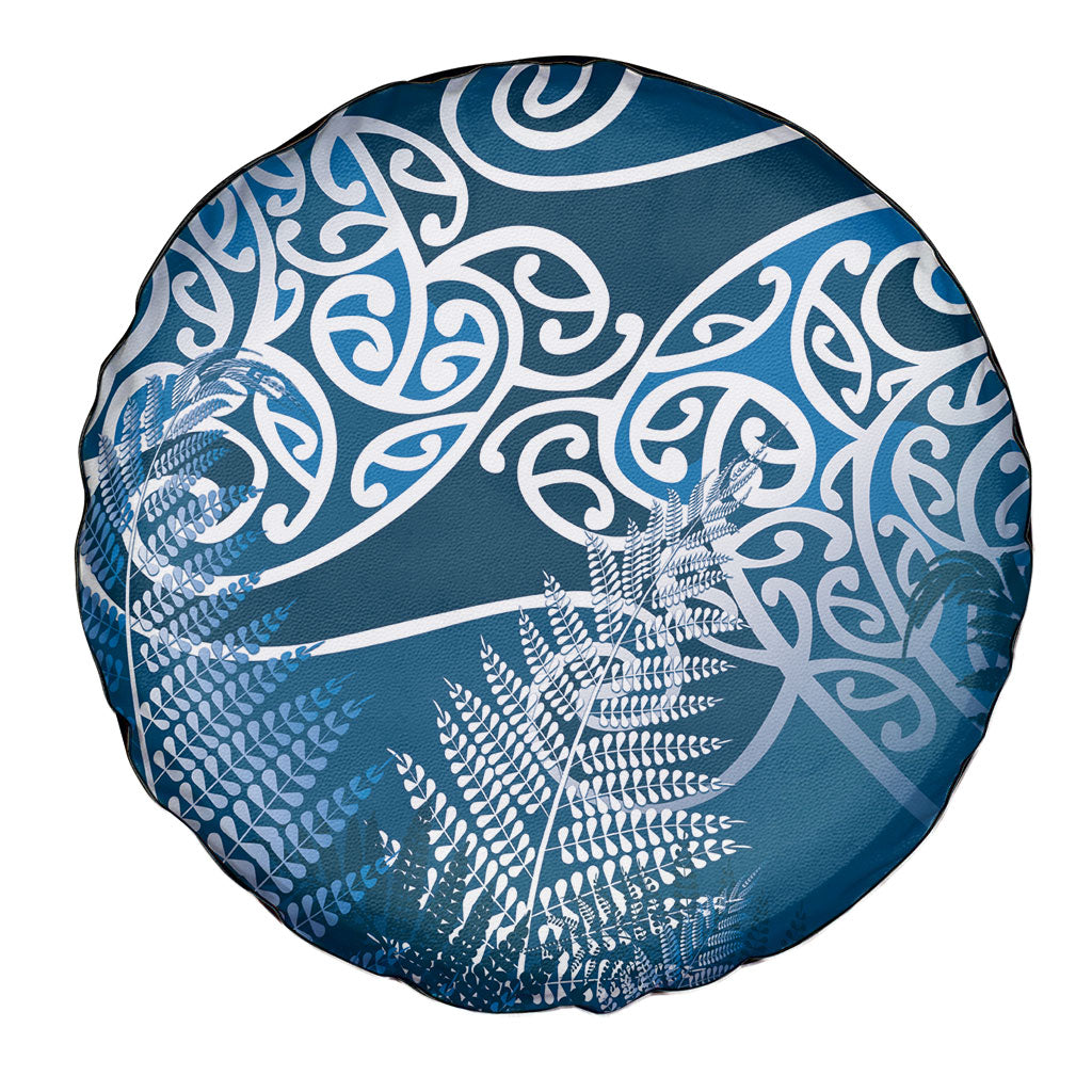 Aotearoa Maori Koru Curves Spare Tire Cover Silver Ferns - Navy Blue LT7 - Polynesian Pride