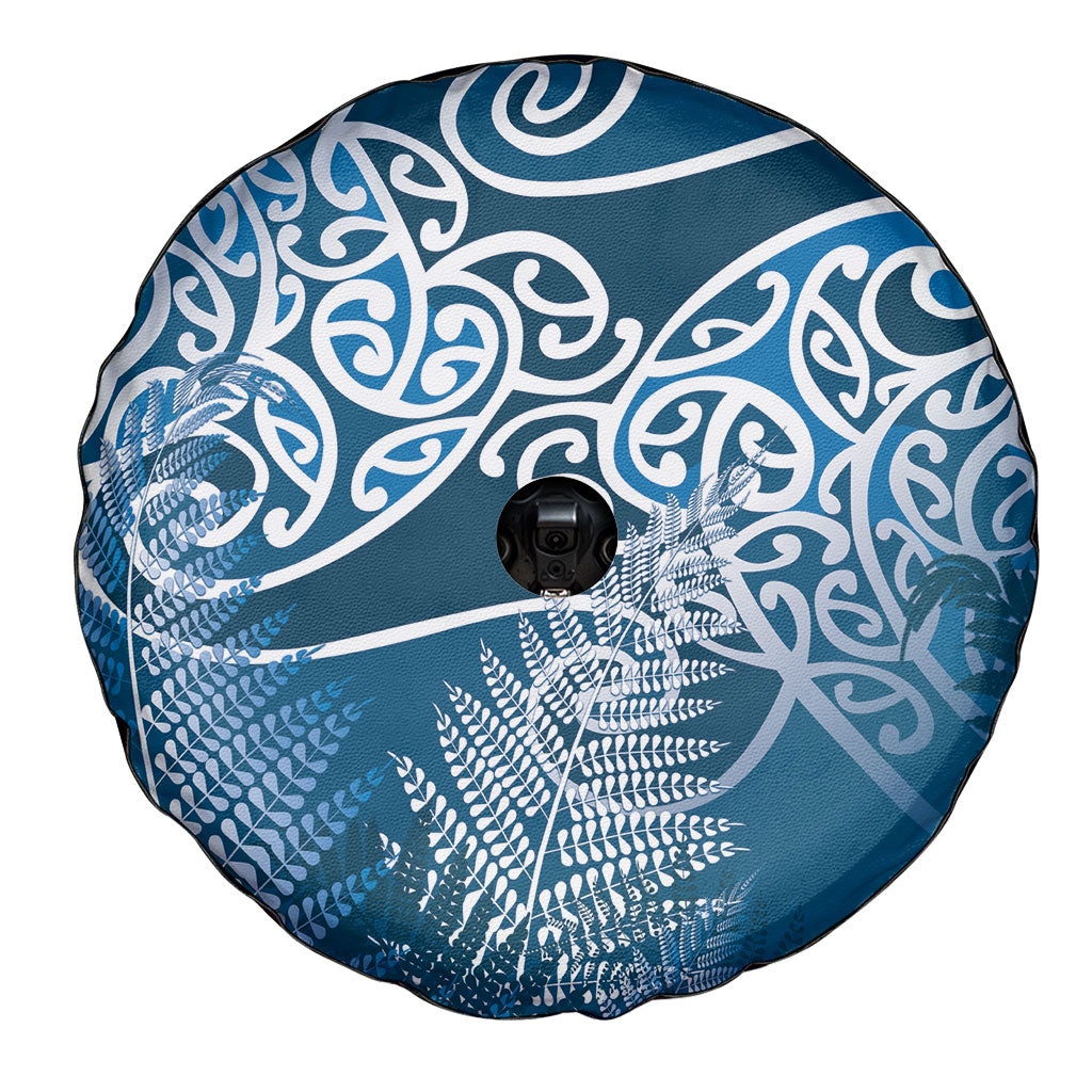 Aotearoa Maori Koru Curves Spare Tire Cover Silver Ferns - Navy Blue LT7 - Polynesian Pride