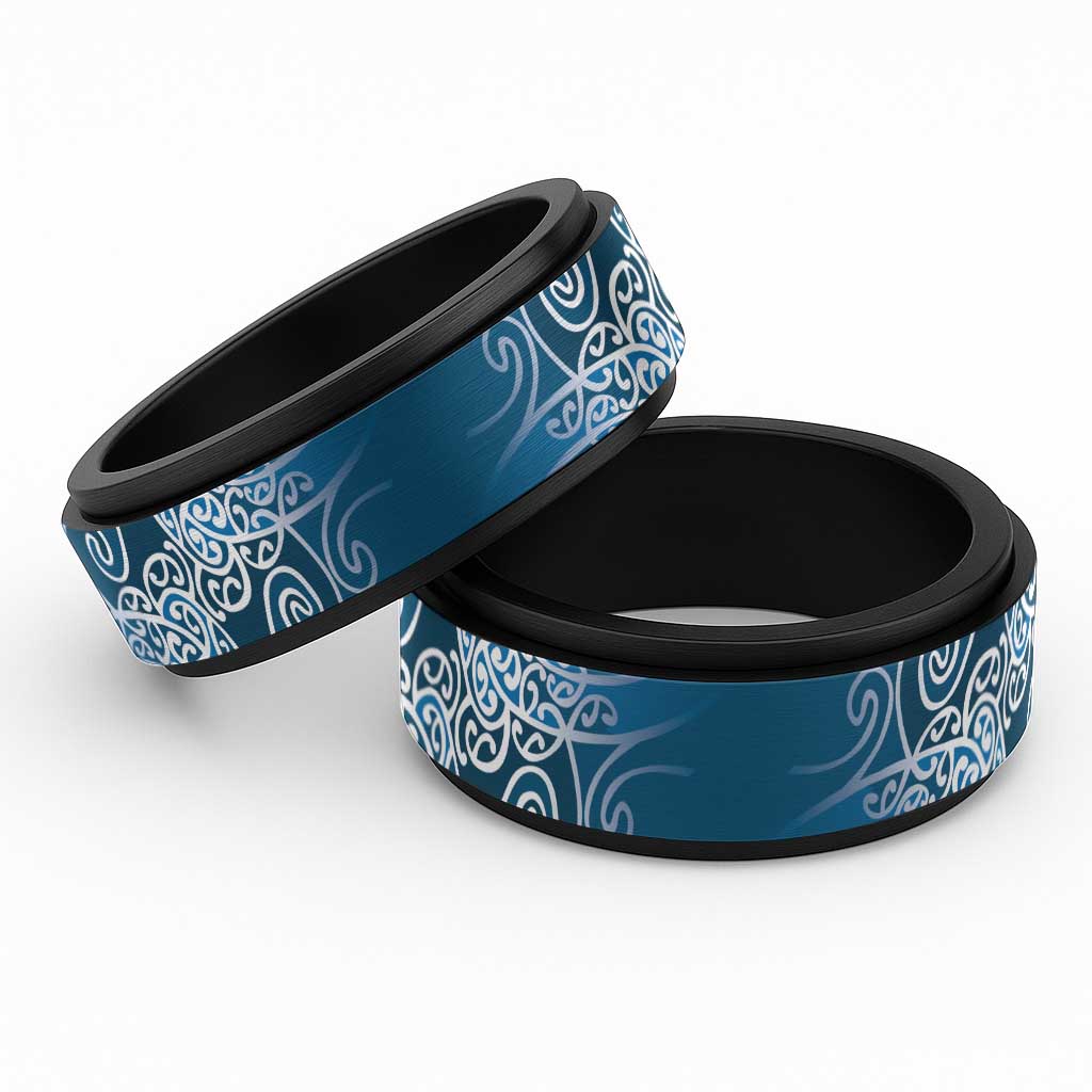 Aotearoa Maori Koru Curves Spinner Ring Silver Ferns - Navy Blue