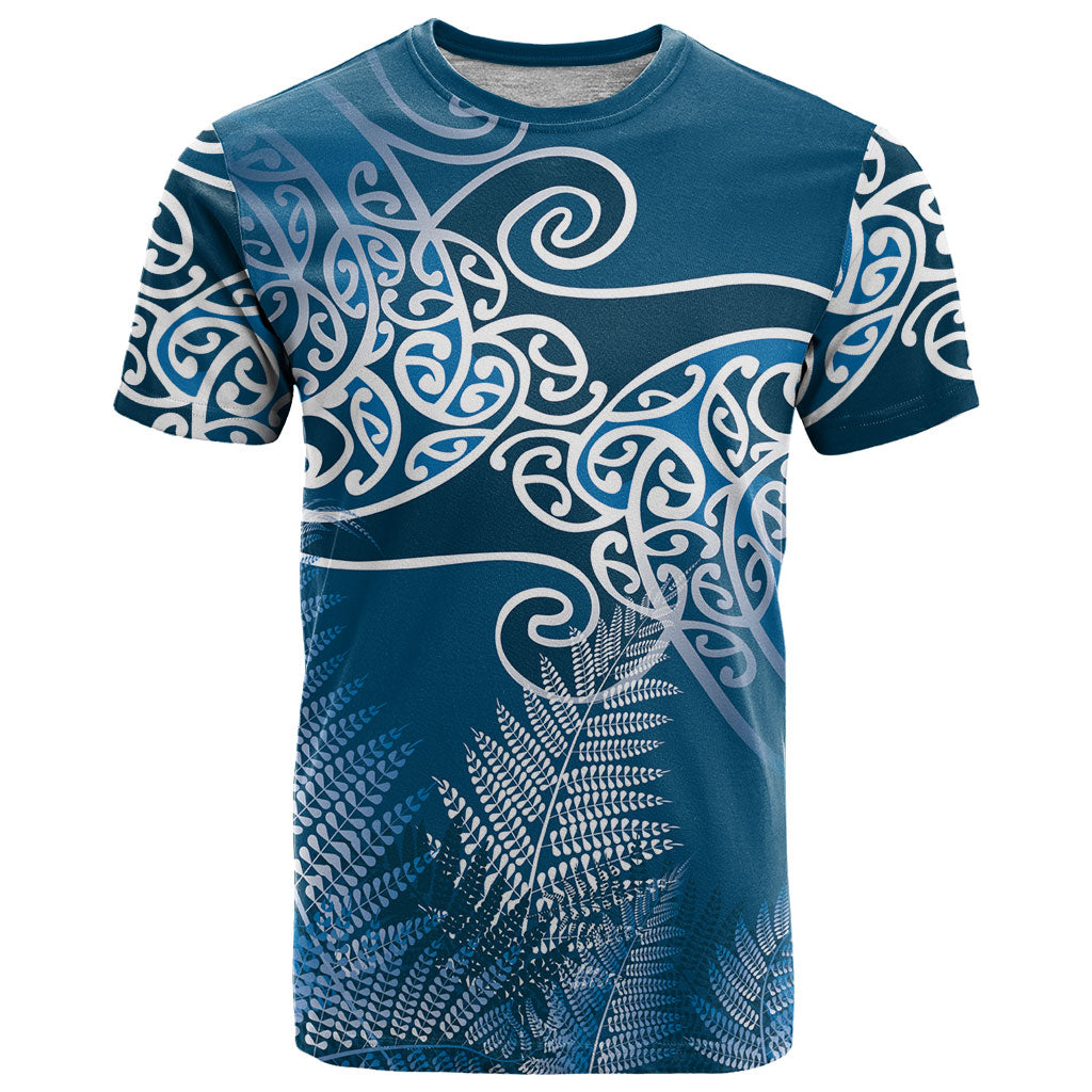 Aotearoa Maori Koru Curves T Shirt Silver Ferns - Navy Blue