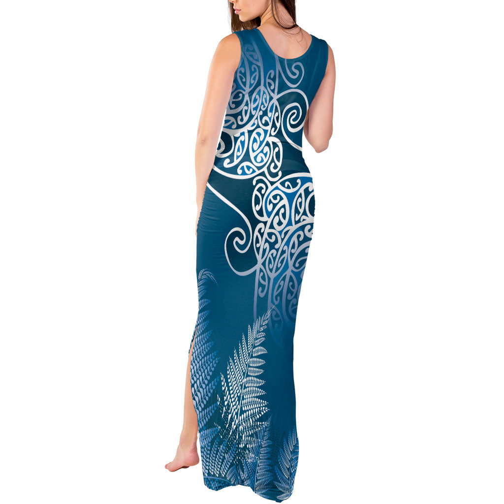 Aotearoa Maori Koru Curves Tank Maxi Dress Silver Ferns - Navy Blue