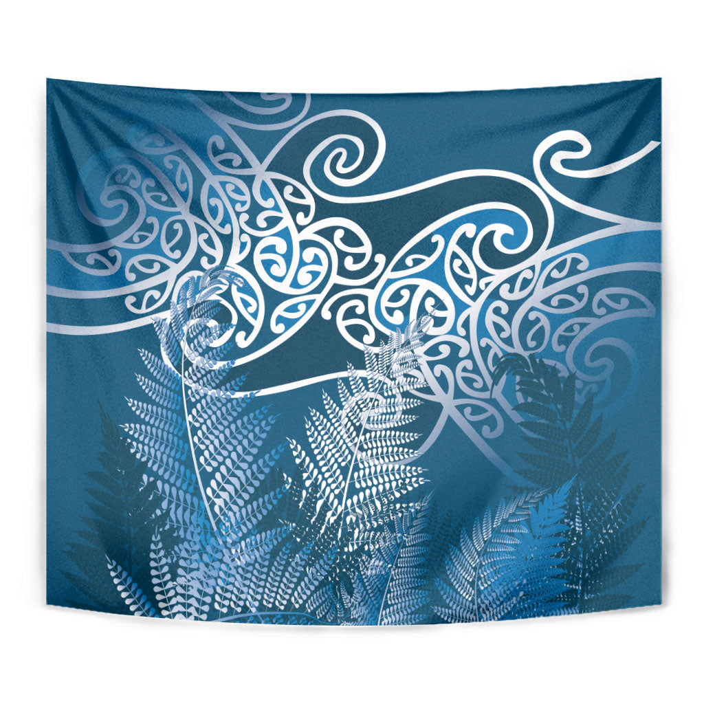 Aotearoa Maori Koru Curves Tapestry Silver Ferns - Navy Blue