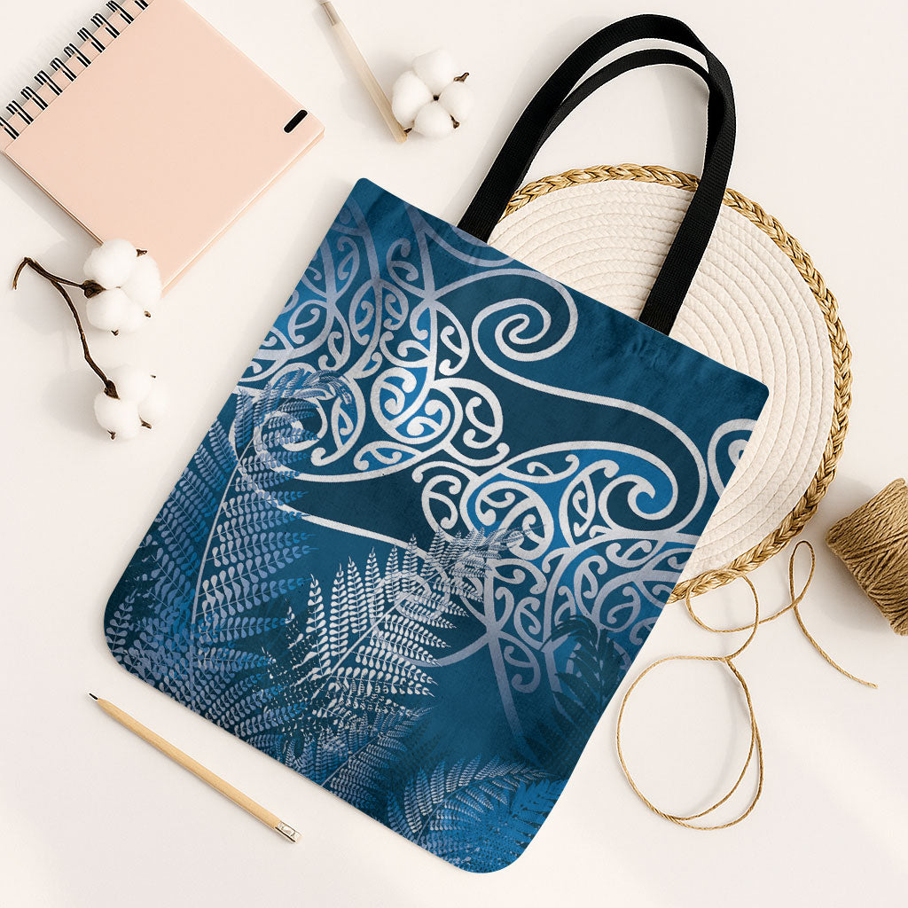 Aotearoa Maori Koru Curves Tote Bag Silver Ferns - Navy Blue