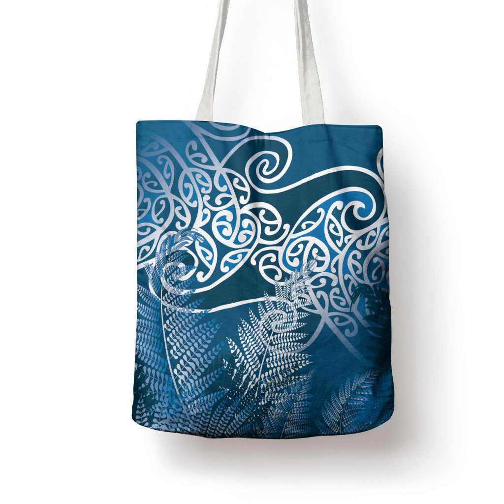 Aotearoa Maori Koru Curves Tote Bag Silver Ferns - Navy Blue