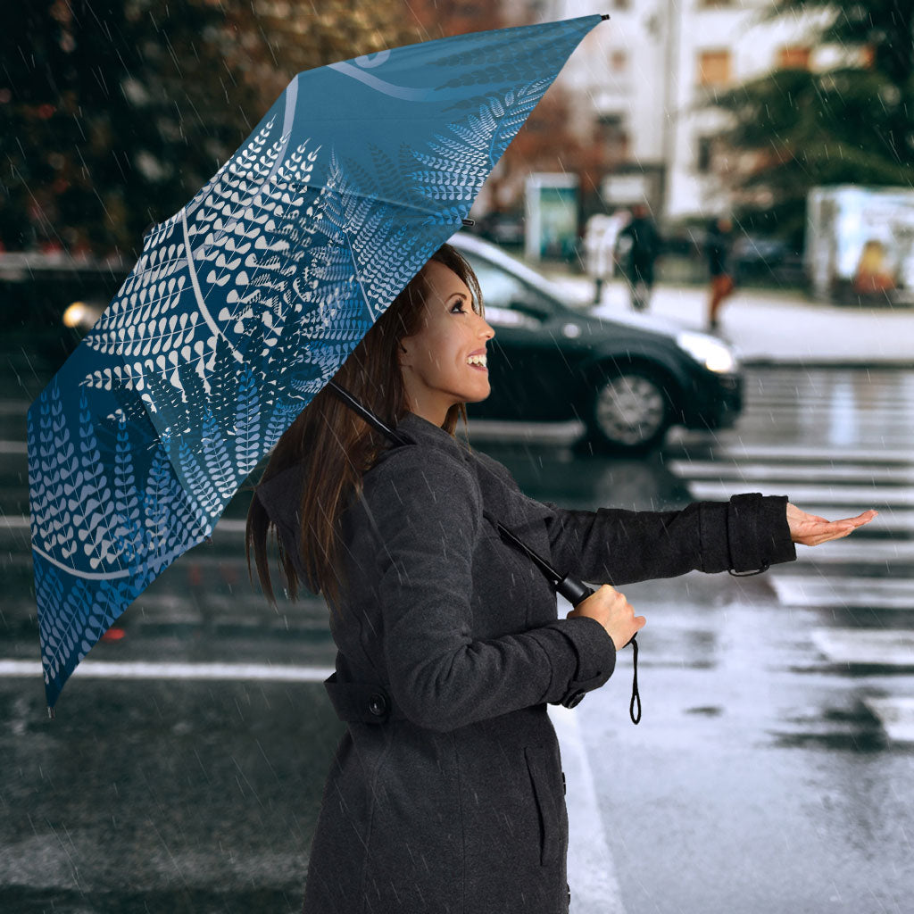 Aotearoa Maori Koru Curves Umbrella Silver Ferns - Navy Blue
