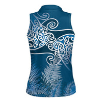 Aotearoa Maori Koru Curves Women Sleeveless Polo Shirt Silver Ferns - Navy Blue