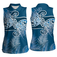 Aotearoa Maori Koru Curves Women Sleeveless Polo Shirt Silver Ferns - Navy Blue