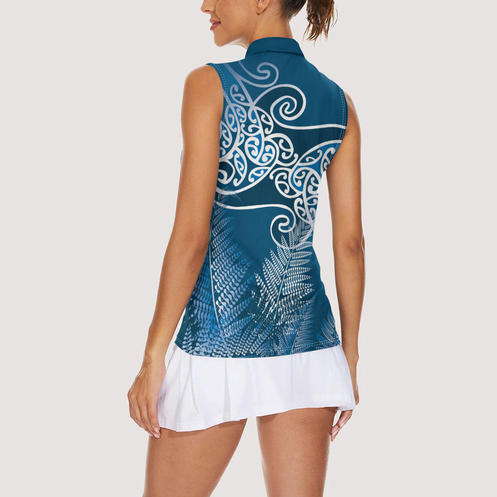 Aotearoa Maori Koru Curves Women Sleeveless Polo Shirt Silver Ferns - Navy Blue