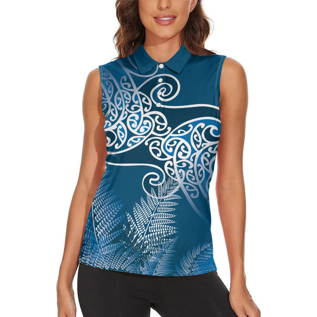 Aotearoa Maori Koru Curves Women Sleeveless Polo Shirt Silver Ferns - Navy Blue