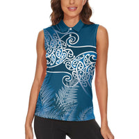 Aotearoa Maori Koru Curves Women Sleeveless Polo Shirt Silver Ferns - Navy Blue
