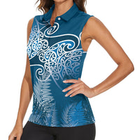 Aotearoa Maori Koru Curves Women Sleeveless Polo Shirt Silver Ferns - Navy Blue