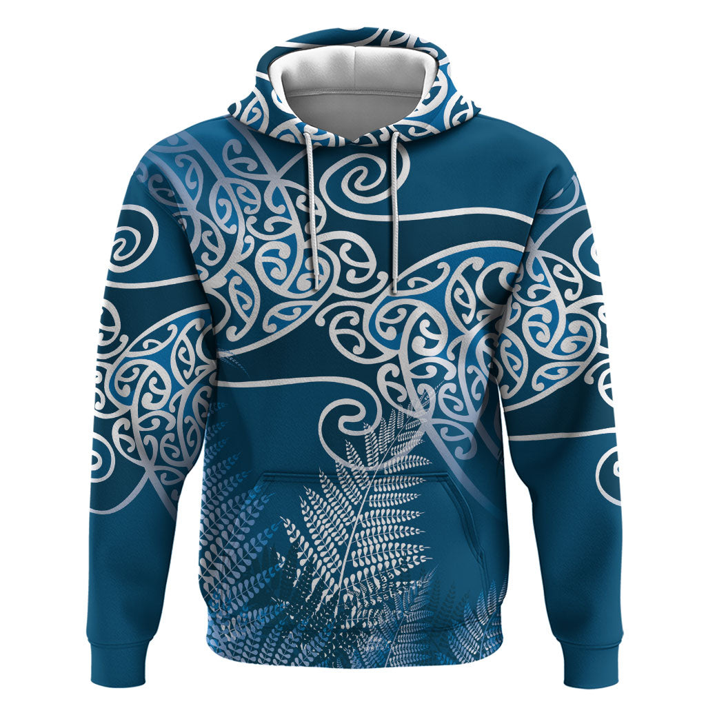 Aotearoa Maori Koru Curves Zip Hoodie Silver Ferns - Navy Blue