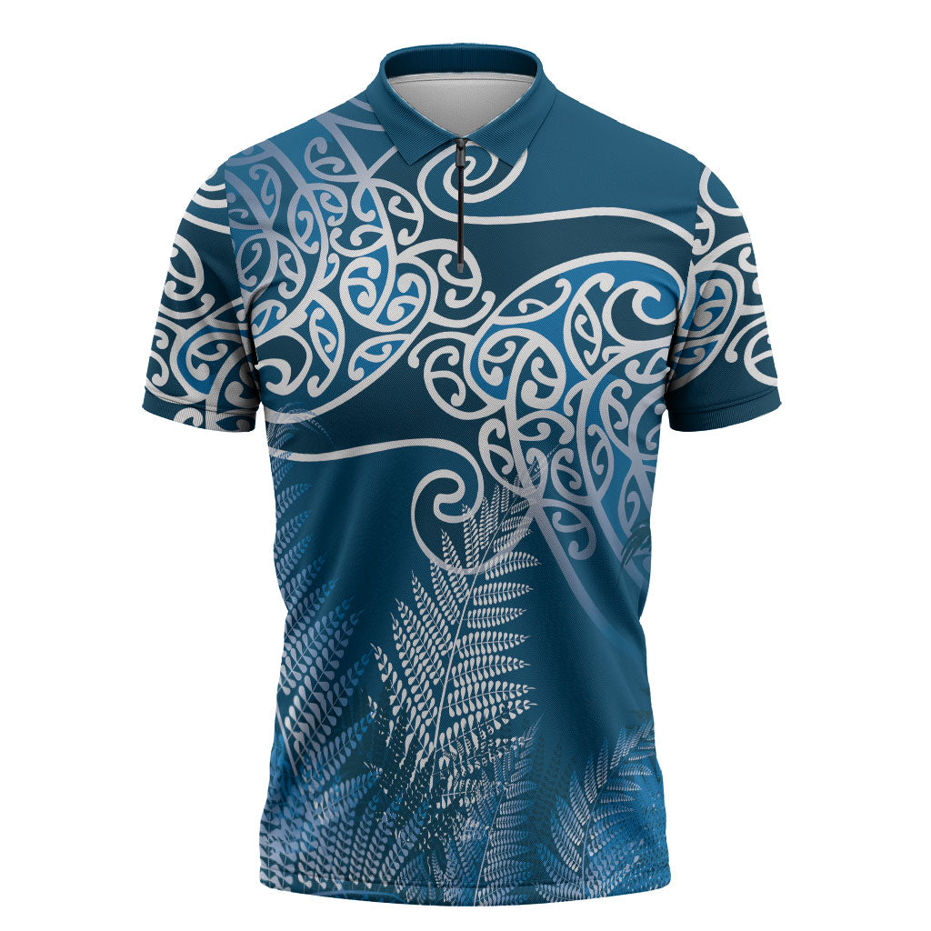Aotearoa Maori Koru Curves Zipper Polo Shirt Silver Ferns - Navy Blue