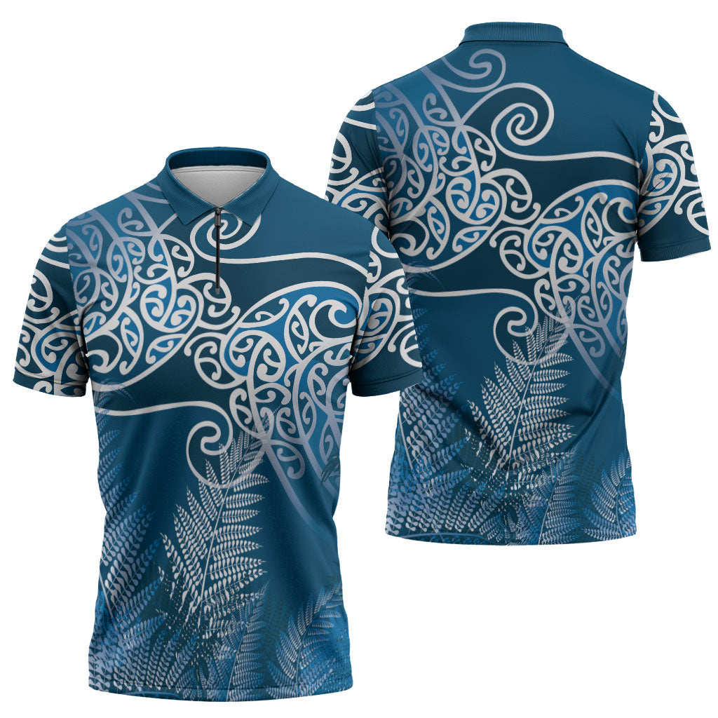 Aotearoa Maori Koru Curves Zipper Polo Shirt Silver Ferns - Navy Blue