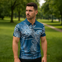Aotearoa Maori Koru Curves Zipper Polo Shirt Silver Ferns - Navy Blue