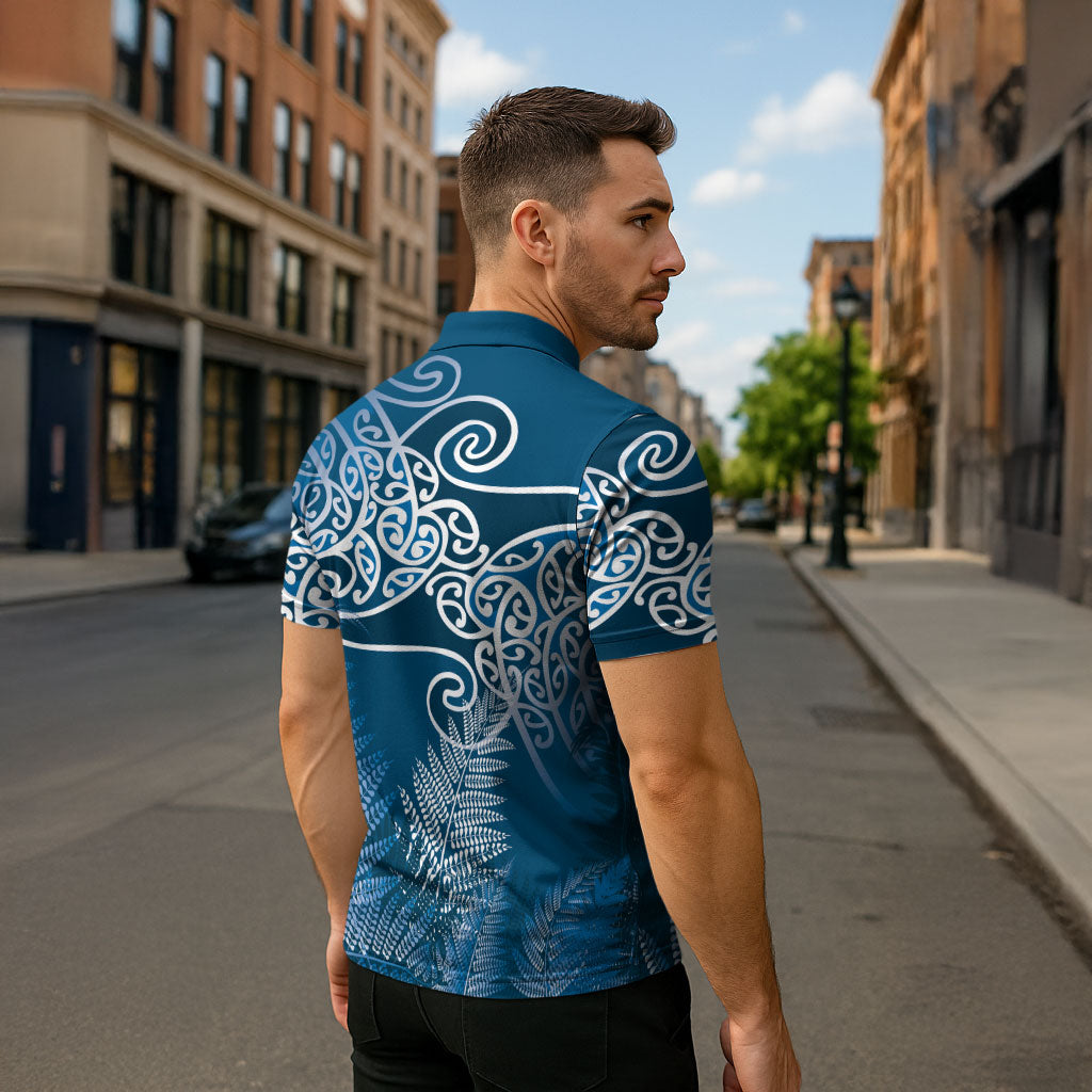 Aotearoa Maori Koru Curves Zipper Polo Shirt Silver Ferns - Navy Blue