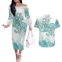 Aotearoa Maori Koru Curves Couples Matching Off The Shoulder Long Sleeve Dress and Hawaiian Shirt Mossy Paua Shell LT7 Green - Polynesian Pride