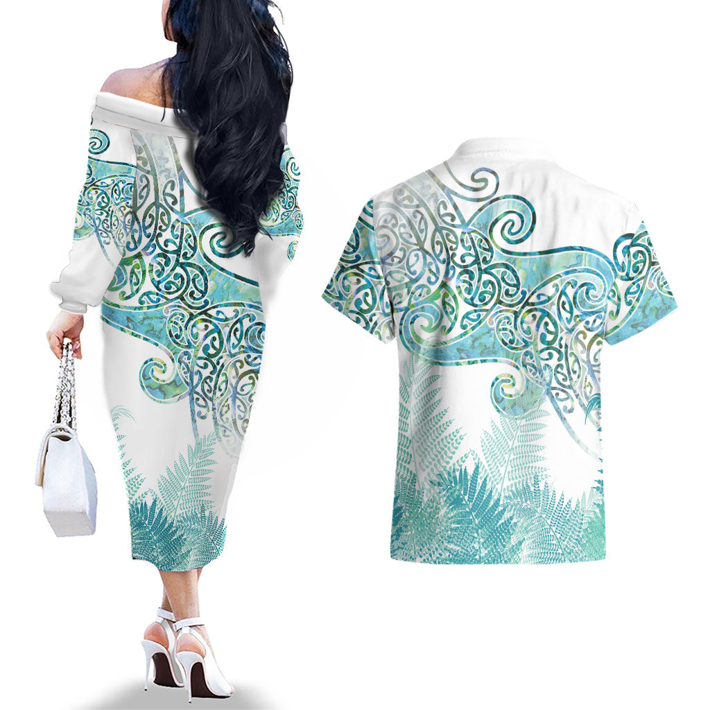 Aotearoa Maori Koru Curves Couples Matching Off The Shoulder Long Sleeve Dress and Hawaiian Shirt Mossy Paua Shell LT7 - Polynesian Pride