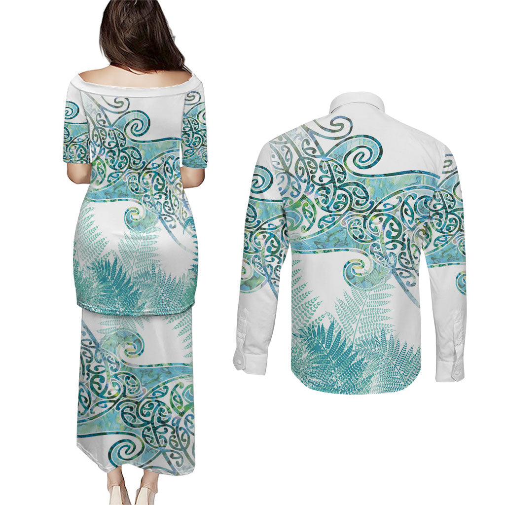 Aotearoa Maori Koru Curves Couples Matching Puletasi and Long Sleeve Button Shirt Mossy Paua Shell LT7 - Polynesian Pride