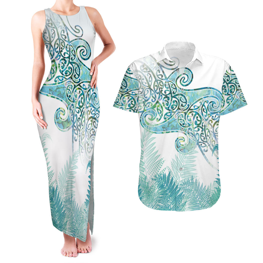 Aotearoa Maori Koru Curves Couples Matching Tank Maxi Dress and Hawaiian Shirt Mossy Paua Shell