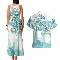 Aotearoa Maori Koru Curves Couples Matching Tank Maxi Dress and Hawaiian Shirt Mossy Paua Shell