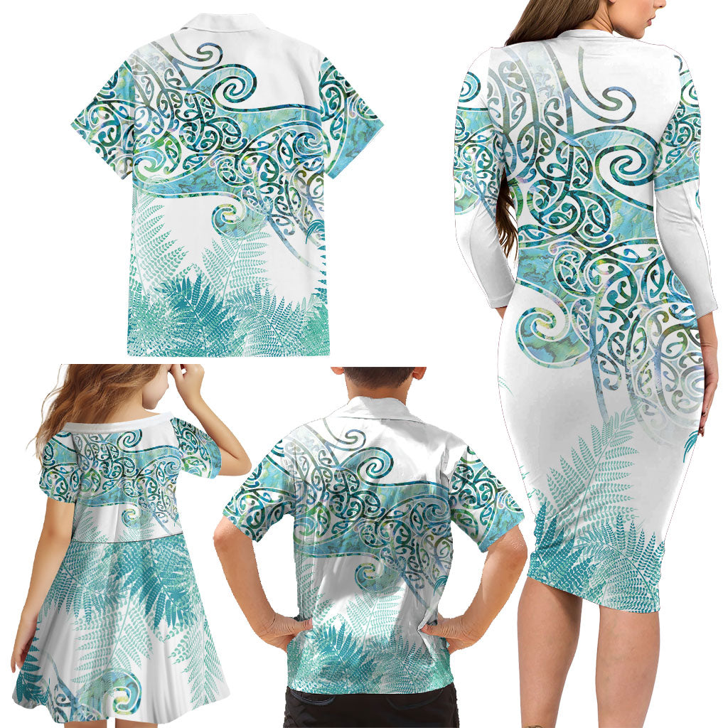 Aotearoa Maori Koru Curves Family Matching Long Sleeve Bodycon Dress and Hawaiian Shirt Mossy Paua Shell