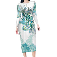 Aotearoa Maori Koru Curves Family Matching Long Sleeve Bodycon Dress and Hawaiian Shirt Mossy Paua Shell