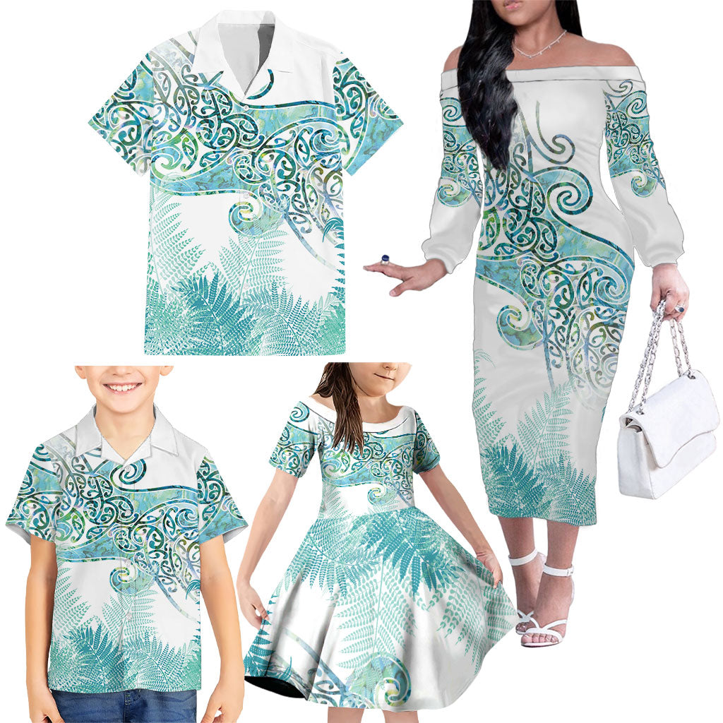 Aotearoa Maori Koru Curves Family Matching Off The Shoulder Long Sleeve Dress and Hawaiian Shirt Mossy Paua Shell