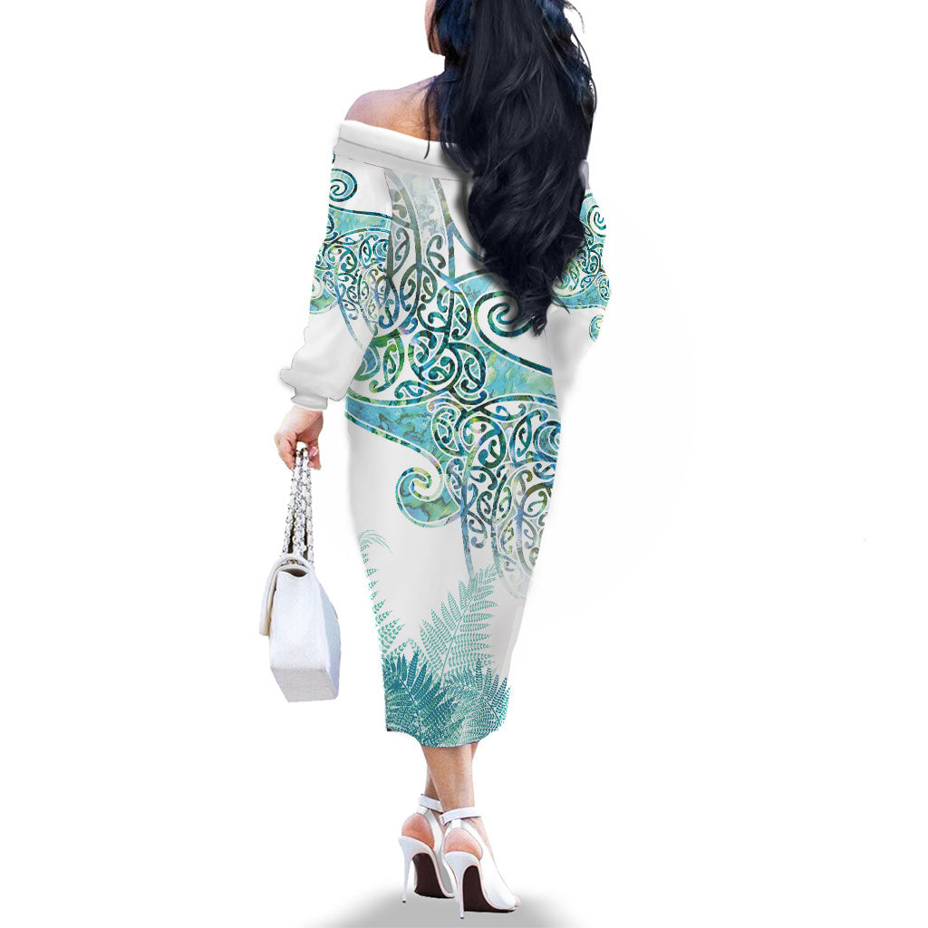Aotearoa Maori Koru Curves Family Matching Off The Shoulder Long Sleeve Dress and Hawaiian Shirt Mossy Paua Shell