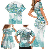 Aotearoa Maori Koru Curves Family Matching Short Sleeve Bodycon Dress and Hawaiian Shirt Mossy Paua Shell