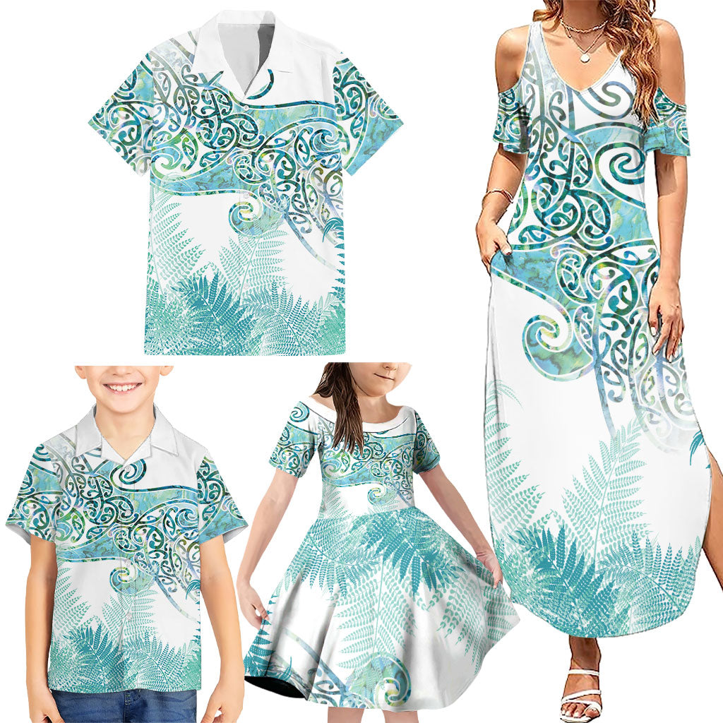 Aotearoa Maori Koru Curves Family Matching Summer Maxi Dress and Hawaiian Shirt Mossy Paua Shell