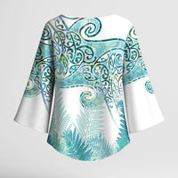 Aotearoa Maori Koru Curves Kimono Sleeve Blouse Mossy Paua Shell