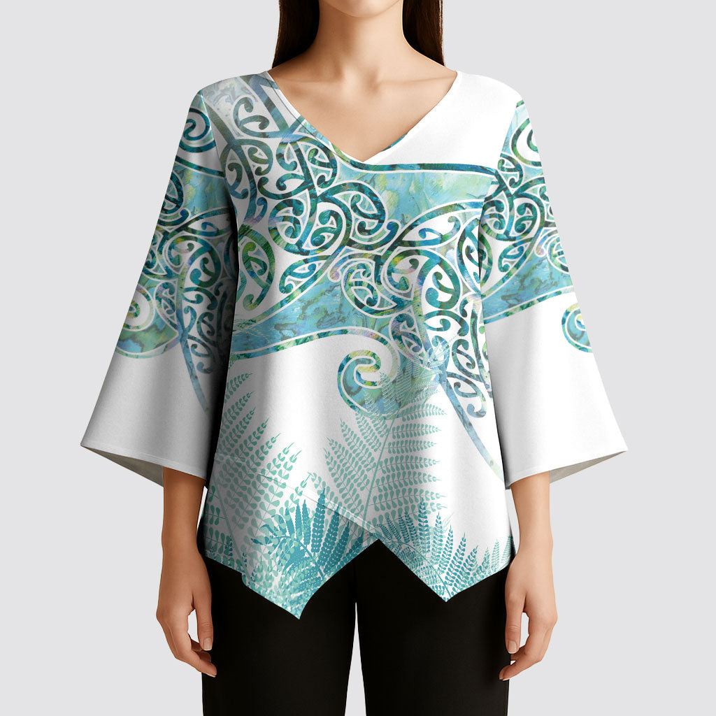 Aotearoa Maori Koru Curves Kimono Sleeve Blouse Mossy Paua Shell