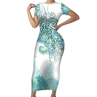 Aotearoa Maori Koru Curves Short Sleeve Bodycon Dress Mossy Paua Shell LT7 Long Dress Green - Polynesian Pride