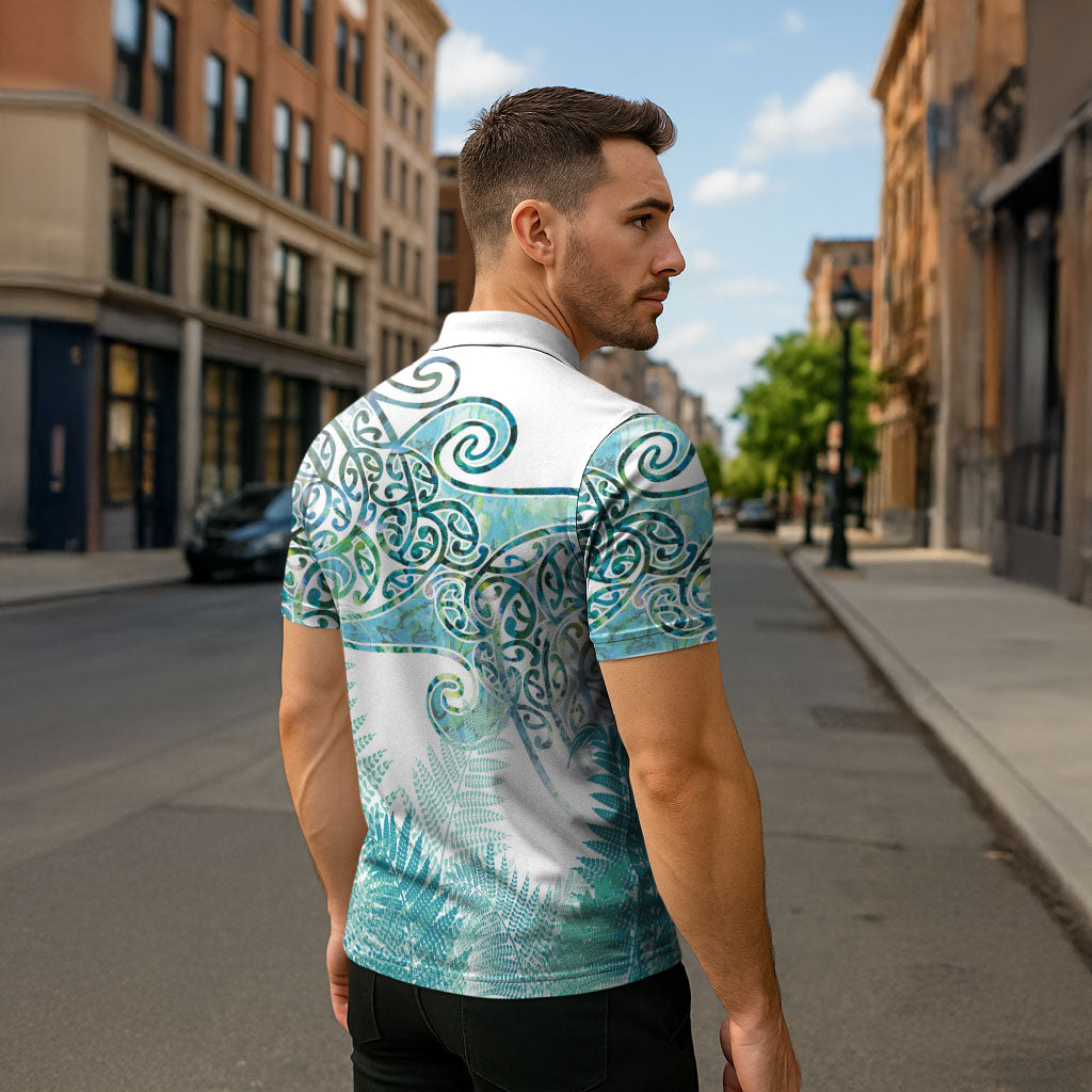 Aotearoa Maori Koru Curves Zipper Polo Shirt Mossy Paua Shell