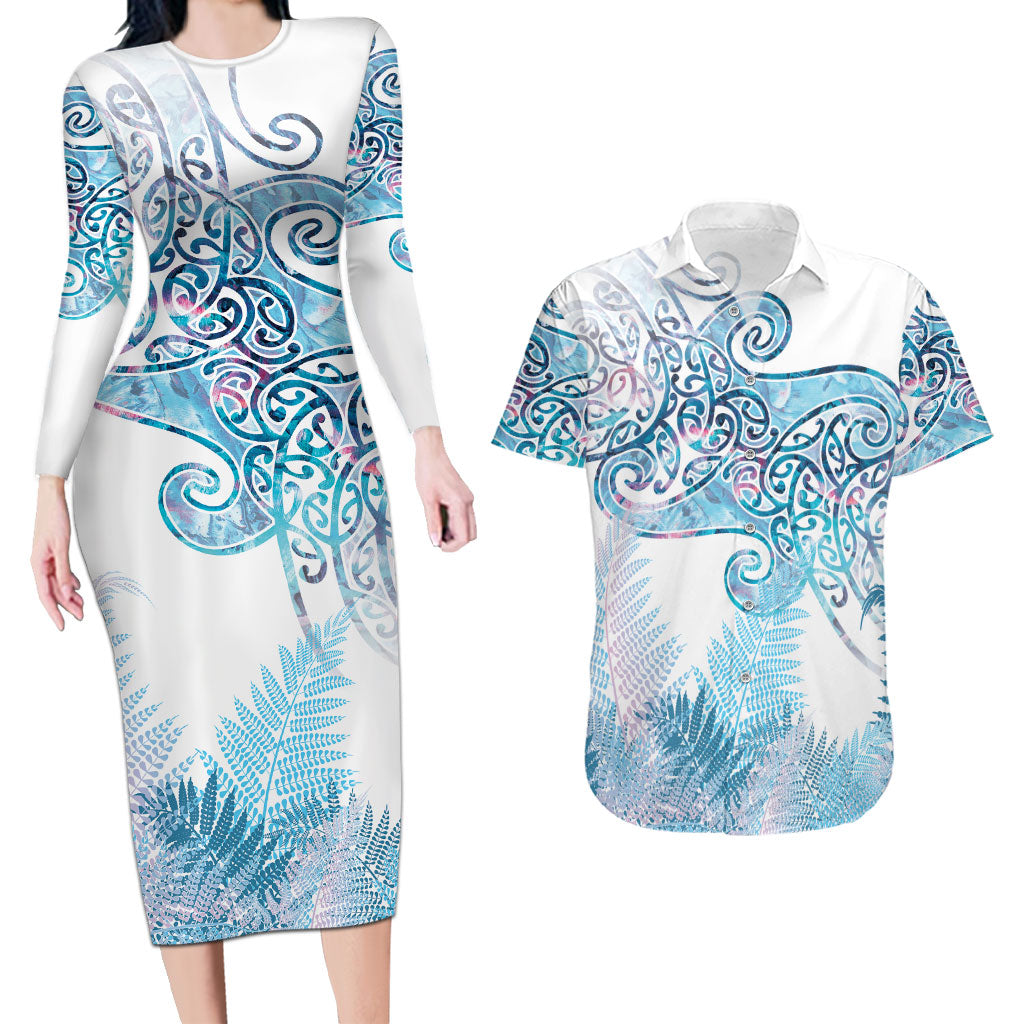 Aotearoa Maori Koru Curves Couples Matching Long Sleeve Bodycon Dress and Hawaiian Shirt Aqua Paua Shell LT7 Blue - Polynesian Pride