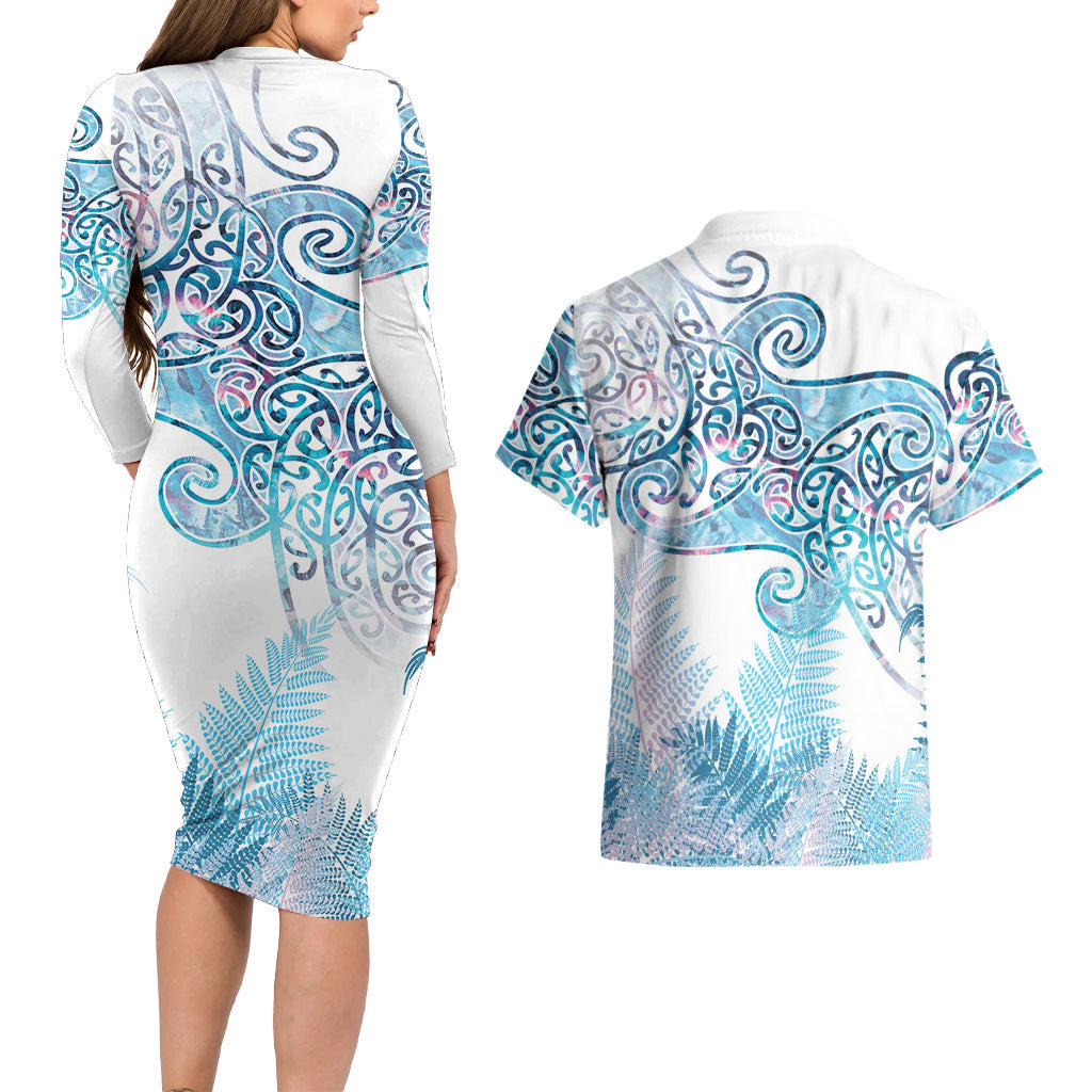 Aotearoa Maori Koru Curves Couples Matching Long Sleeve Bodycon Dress and Hawaiian Shirt Aqua Paua Shell LT7 - Polynesian Pride