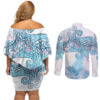 Aotearoa Maori Koru Curves Couples Matching Off Shoulder Short Dress and Long Sleeve Button Shirt Aqua Paua Shell